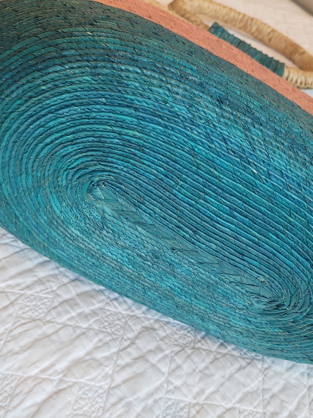 Woven Straw Circle-Handle Beach Tote in Teal, Pink & Natural, Velcro Closure - Picture 5 of 9